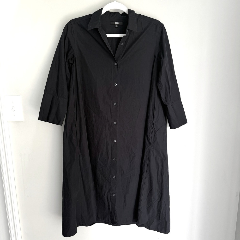 UNIQLO U Cotton Poplin Shirt Dress Womens XS Navy Blue Long Sleeve Midi Pockets